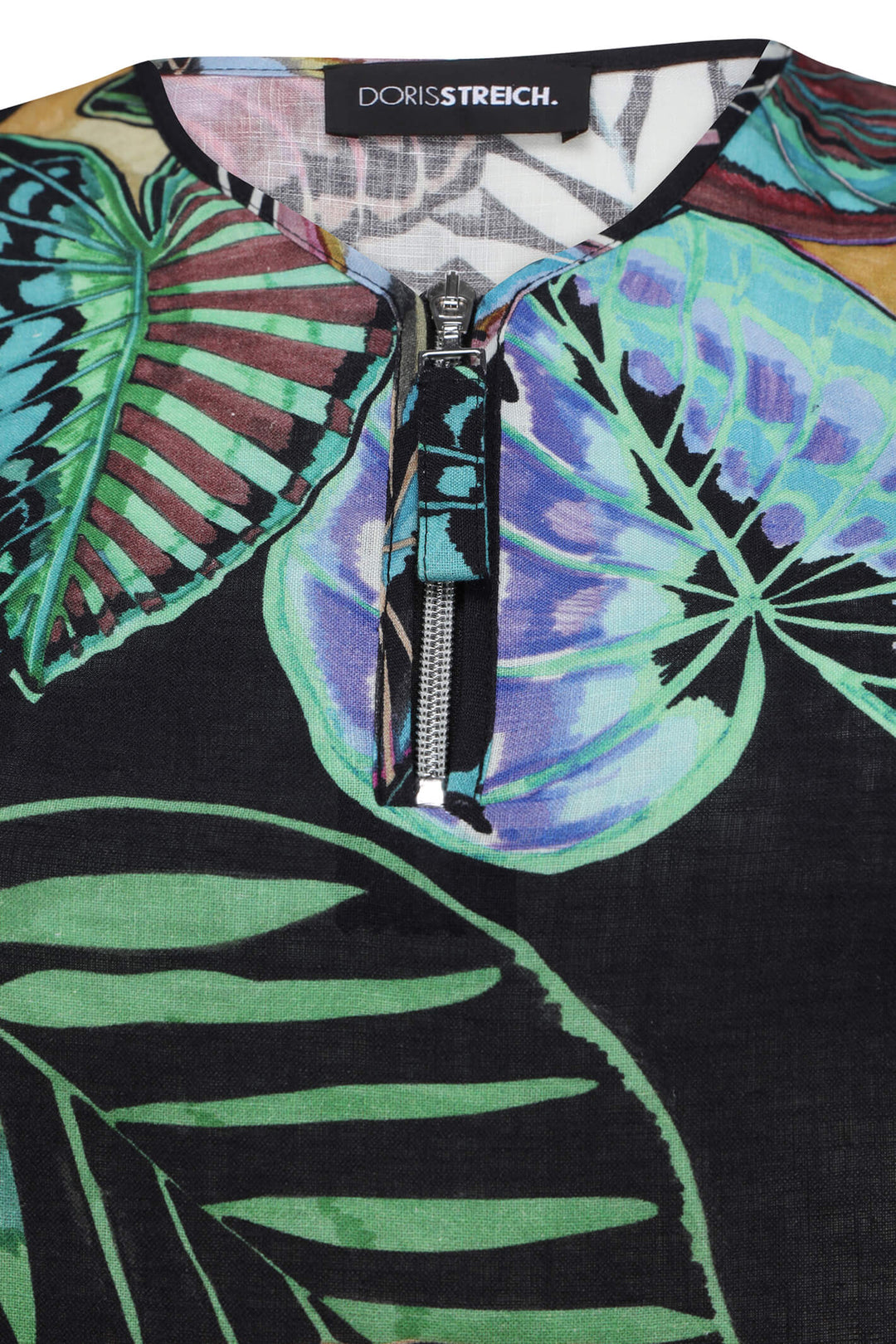 Doris Streich 299 571 98 Black Leaf Print Zip Neck Linen Blouse - Shirley Allum Boutique