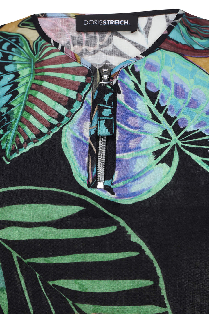 Doris Streich 299 571 98 Black Leaf Print Zip Neck Linen Blouse - Shirley Allum Boutique