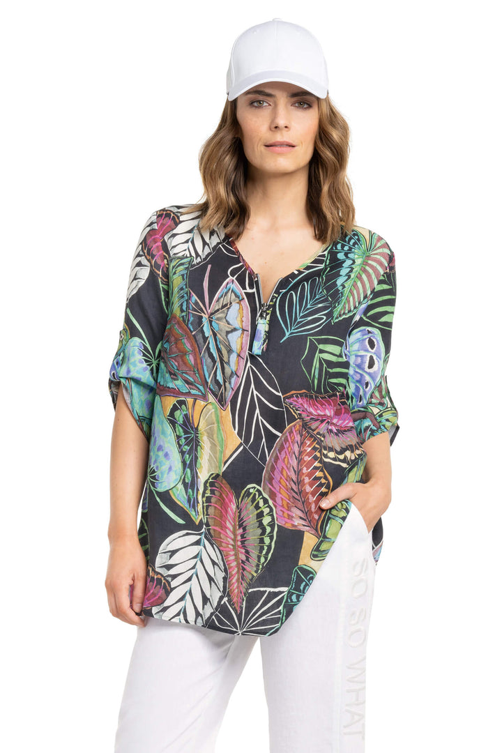 Doris Streich 299 571 98 Black Leaf Print Zip Neck Linen Blouse - Shirley Allum Boutique