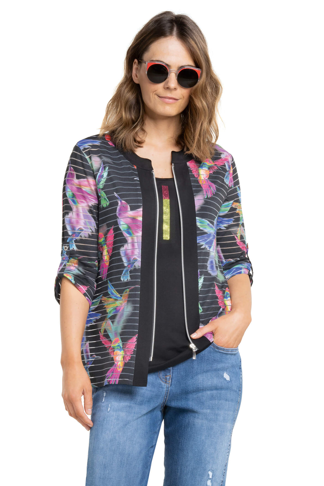 Doris Streich 383 557 98 Black Hummingbird Print Zip Front Jacket - Shirley Allum Boutique