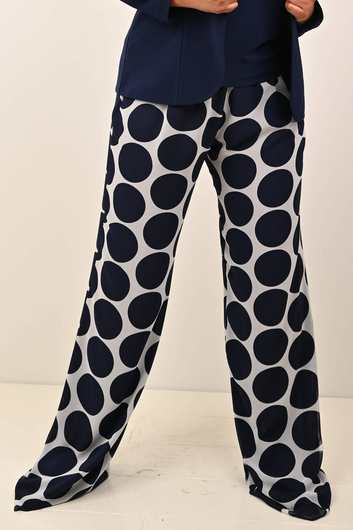 Georgede K42923 Navy Spot Chiffon Trousers - Shirley Allum Boutique