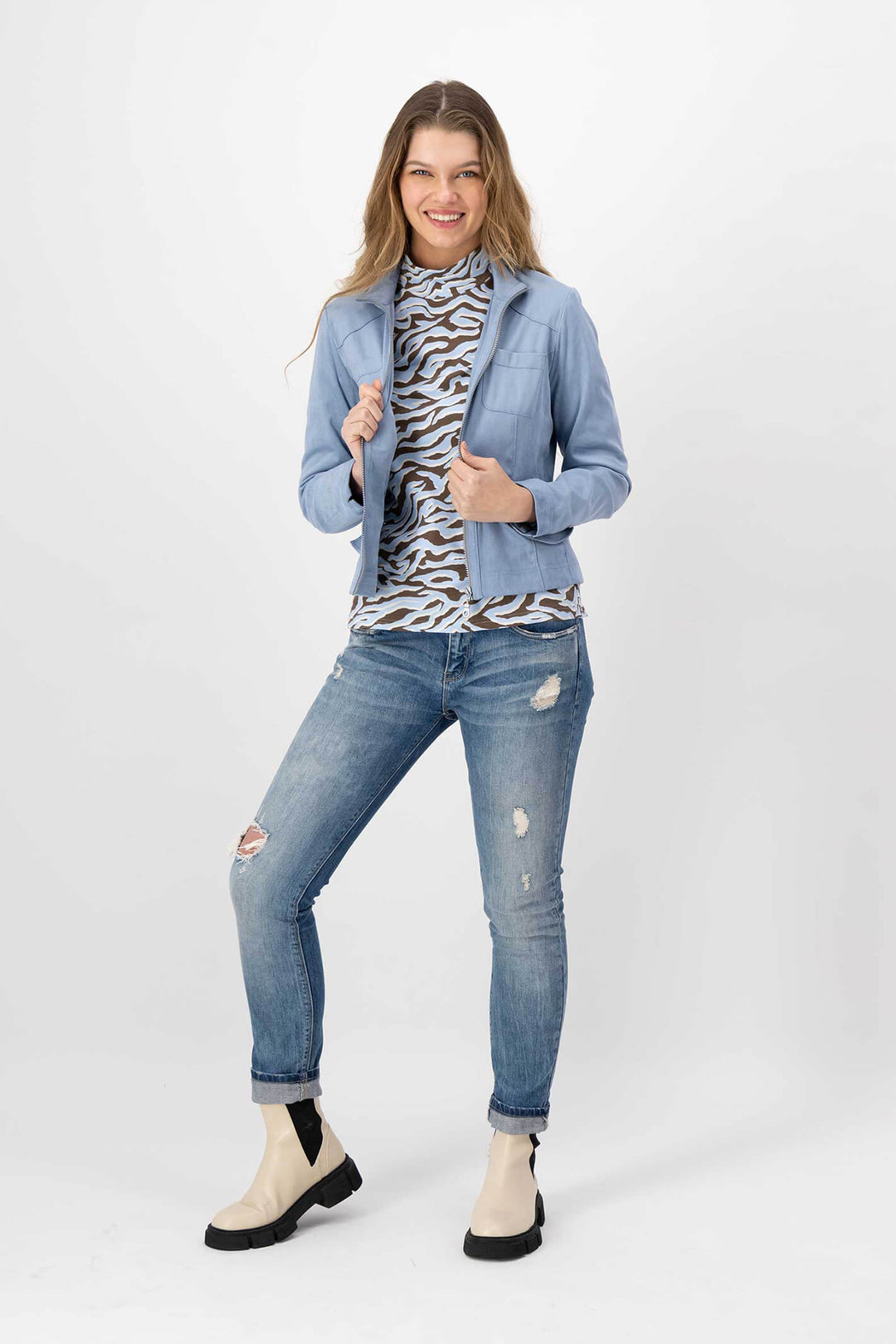 Just White C1215-420 Light Blue Vegan Faux Leather Jacket - Shirley Allum Boutique