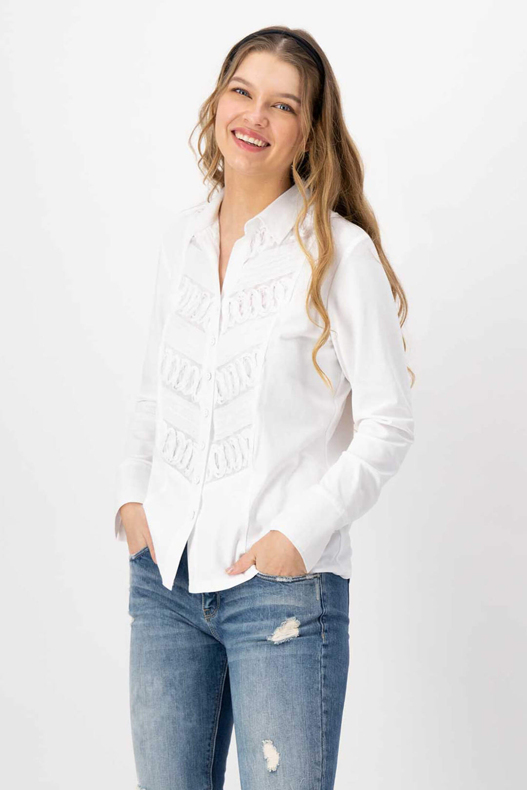 Just White C1292-010 White Stitched Pleat Shirt - Shirley Allum Boutique