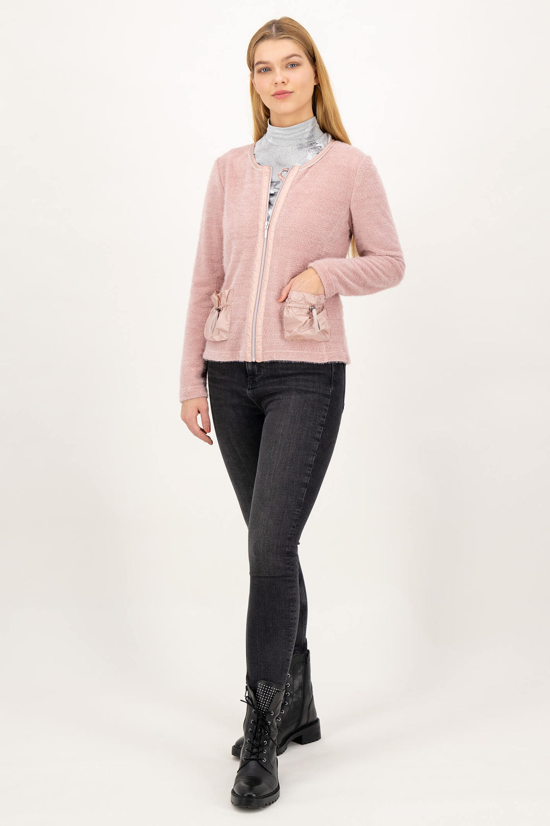 Just White C2157-310 Rose Pink Uni Zip Front Knitted Jacket - Shirley Allum Boutique