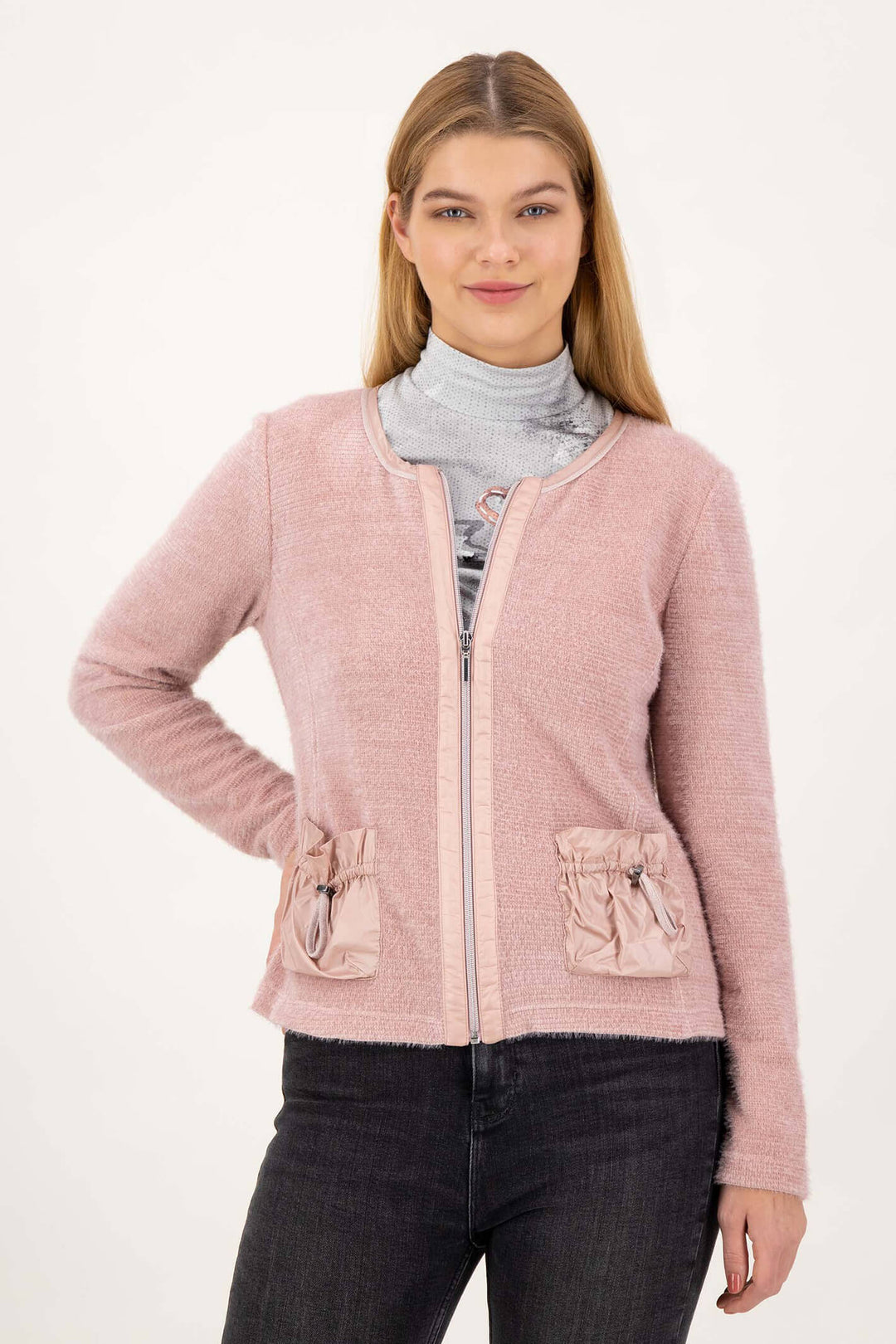 Just White C2157-310 Rose Pink Uni Zip Front Knitted Jacket - Shirley Allum Boutique