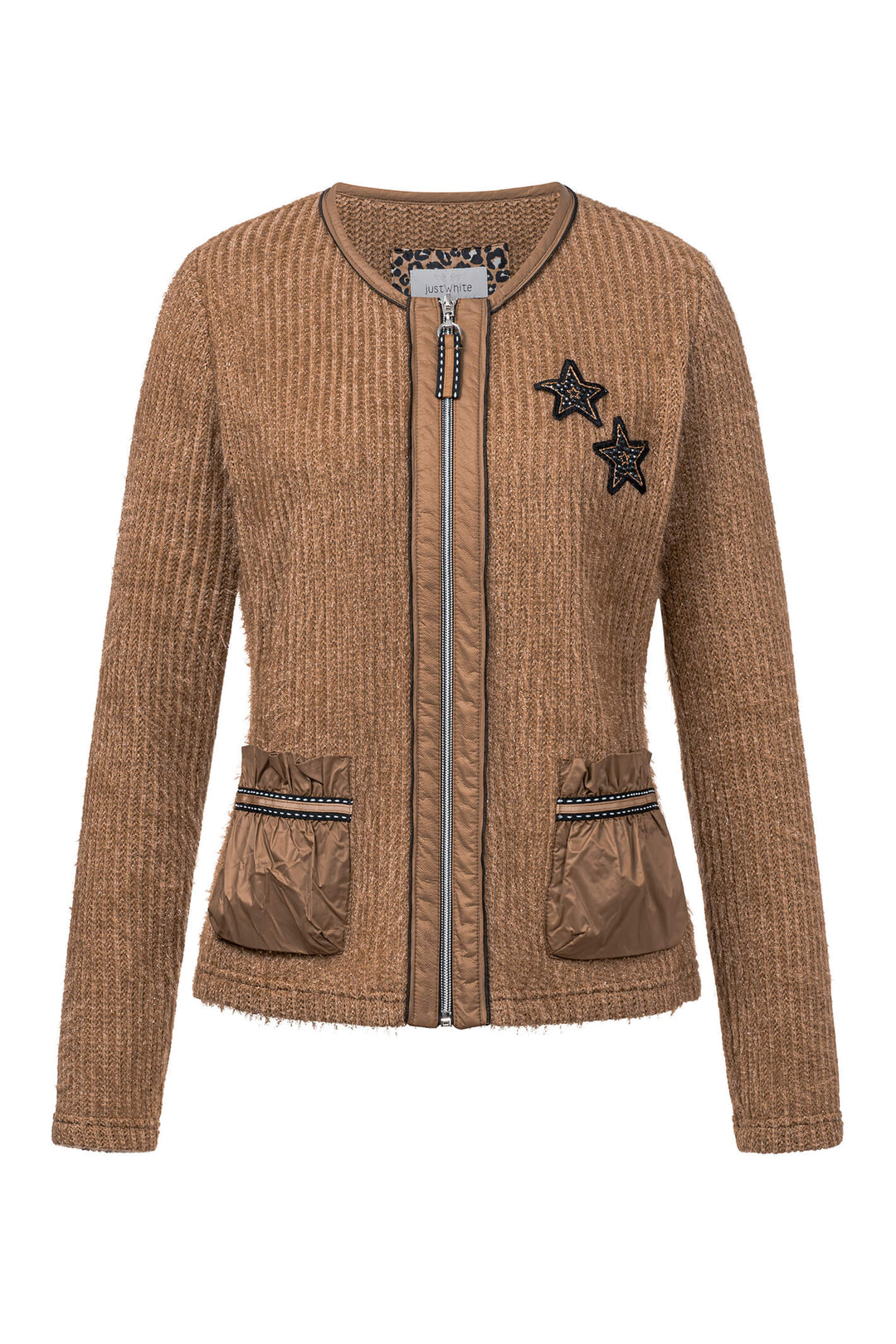 Just White J1129-840 Camel Uni Knitted Zip Front Jacket - Shirley Allum Boutique