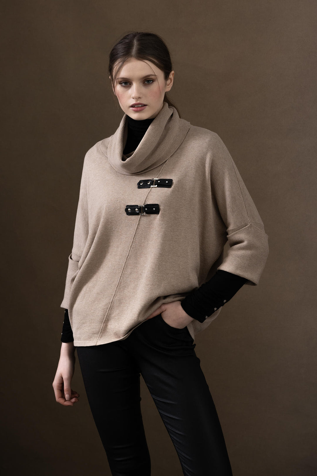 Marble 6374 Beige Cowl Neck Jumper With Buckle Detail - Shirley Allum Boutique