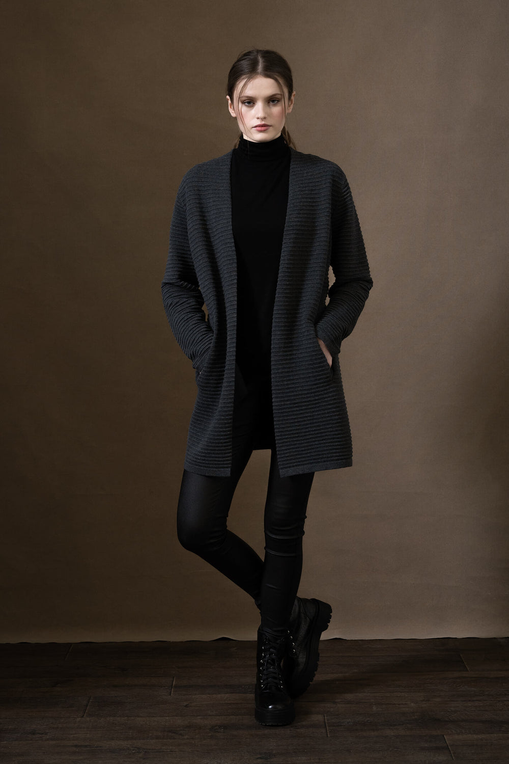 Marble 6386 105 Charcoal Grey Open Front Longline Cardigan - Shirley Allum Boutique