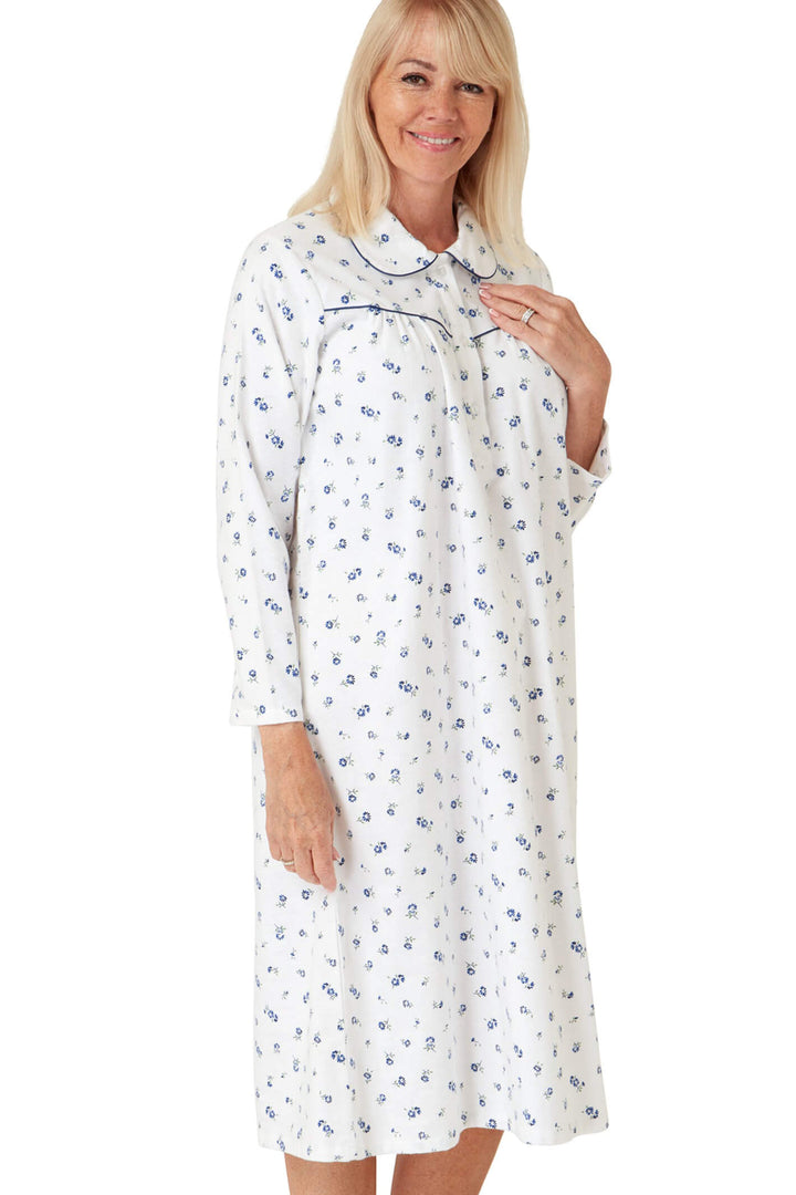 Marlon MA33602 Nina Ocean Blue Winceyette Long Sleeve Nightdress - Shirley Allum Boutique