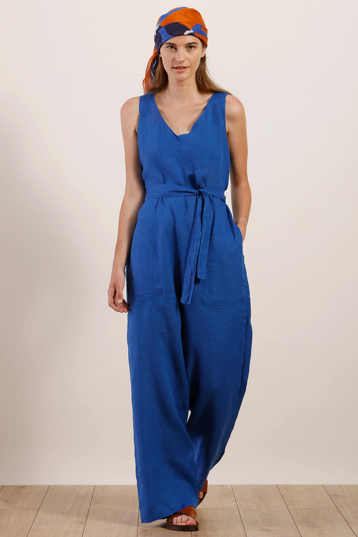 Mat de Misaine 22583 Phuket Blue Linen Wide Leg Jumpsuit - Shirley Allum Boutique