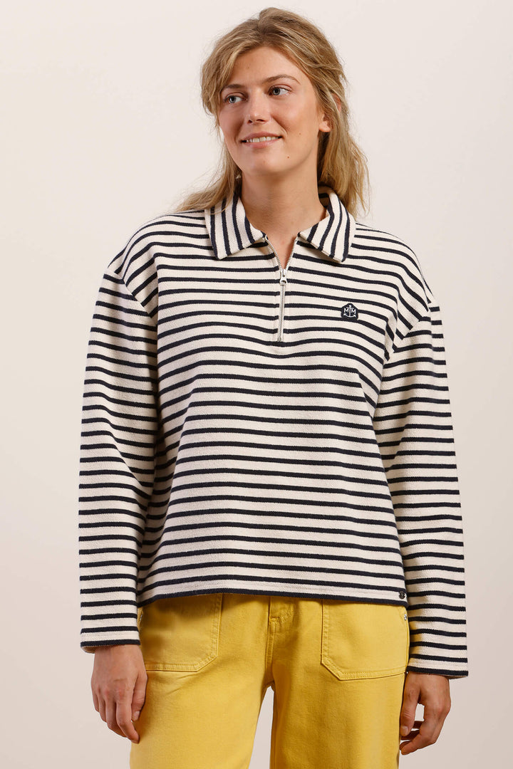 Mat De Misaine 611RG Melbourne Cream Stripe Zip Neck Top - Shirley Allum Boutique