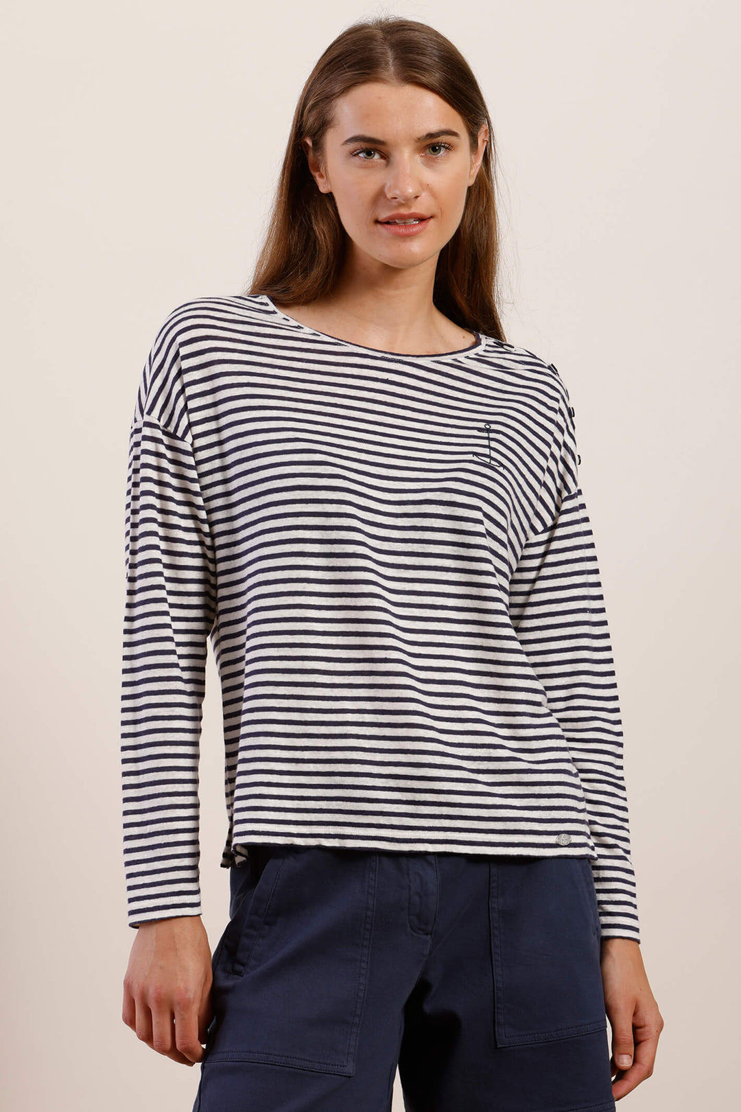 Mat De Misaine 625R Maurice Marine Blue Stripe Fine Knit Jumper - Shirley Allum Boutique