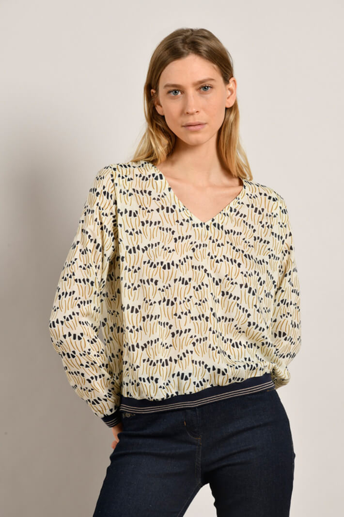 Mat De Misaine Coque 20177 Gold Blue Print V-Neck Top - Shirley Allum Boutique