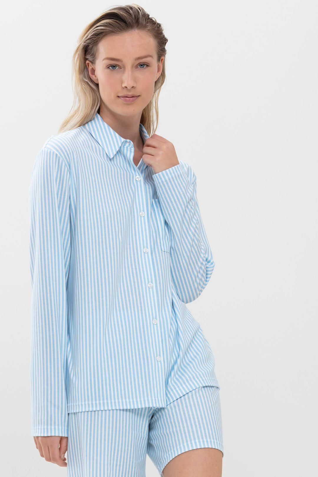 Mey 17206 309 Dream Blue Stripe Long Sleeve Pyjama Shirt Top - Shirley Allum Boutique