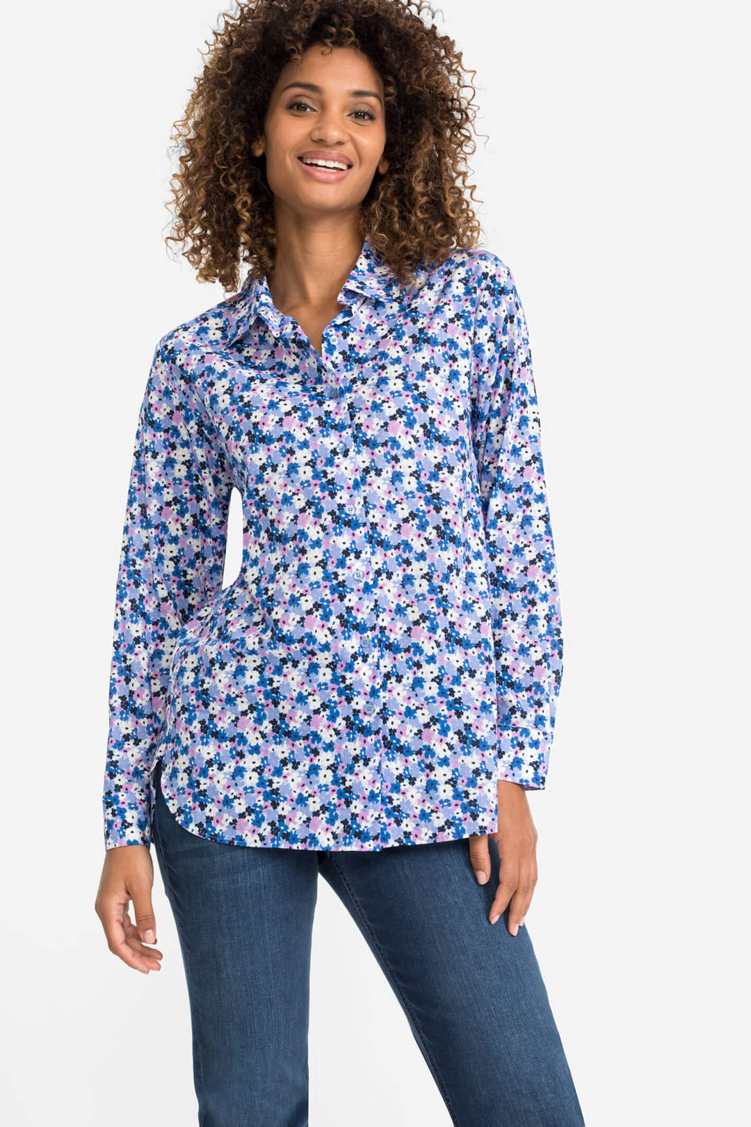 Olsen 12001777 Cornflower Blue Flower Print Shirt - Shirley Allum Boutique