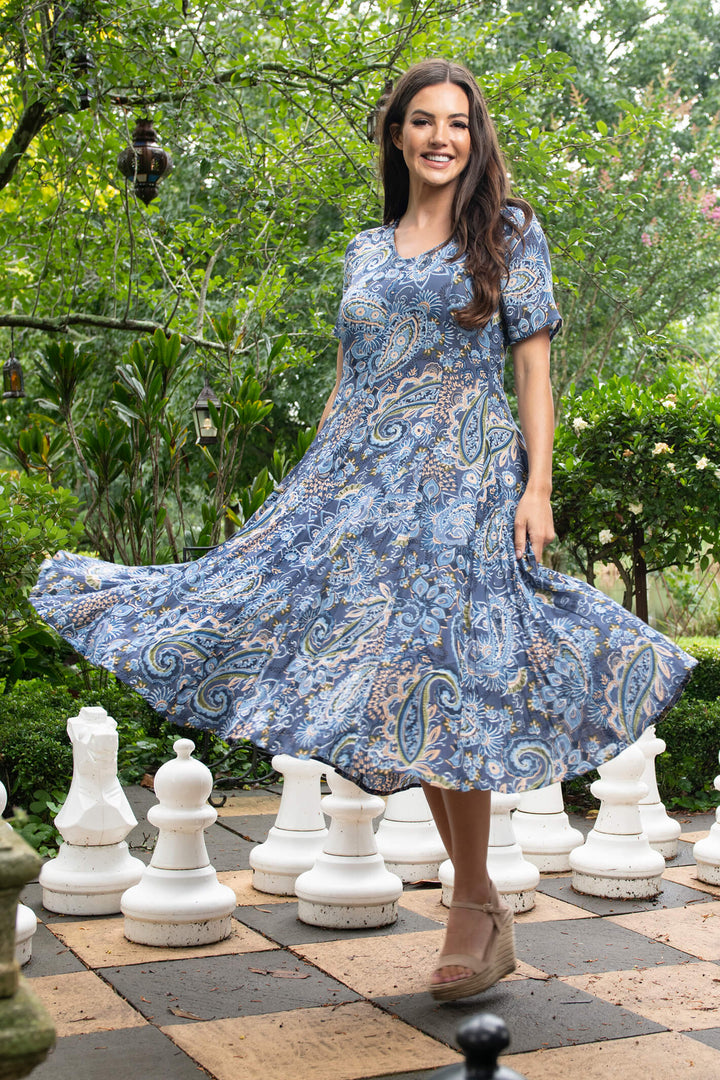 Orientique 3113 Godet Blue Print Dress - Shirley Allum Boutique