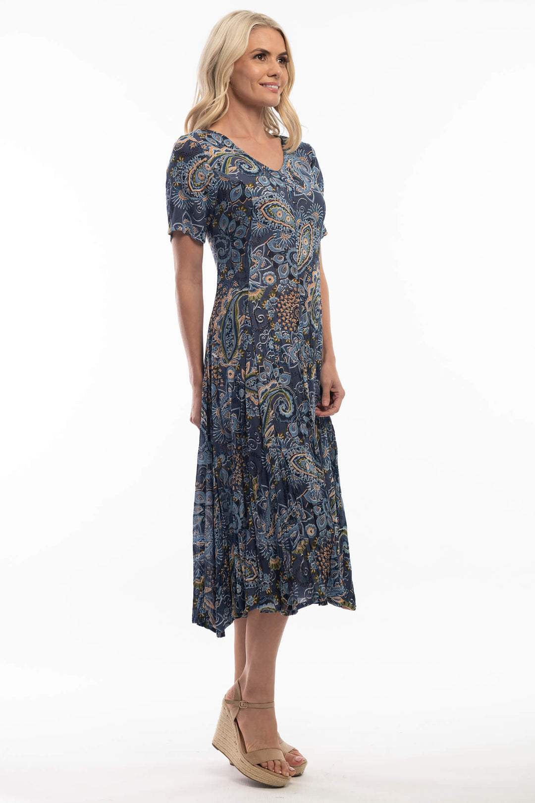 Orientique 3113 Godet Blue Print Dress - Shirley Allum Boutique