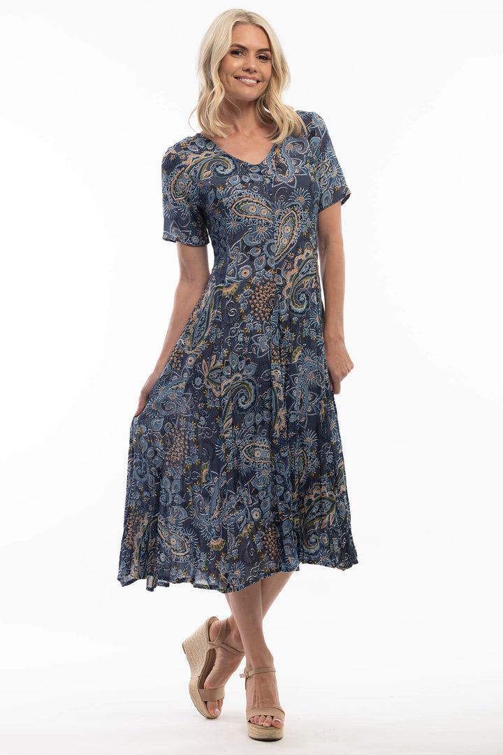 Orientique 3113 Godet Blue Print Dress - Shirley Allum Boutique