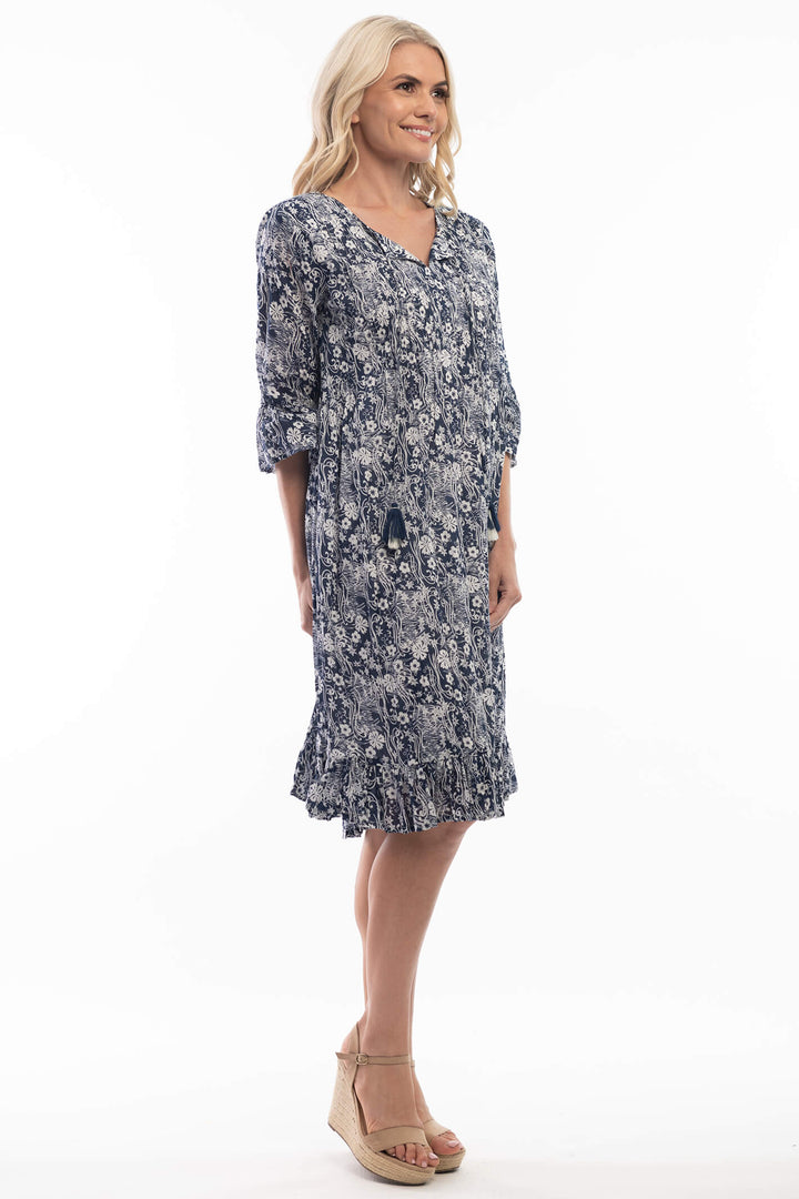 Orientique 4103 Cappadocia Navy Boho 34 Sleeve Dress - Shirley Allum Boutique