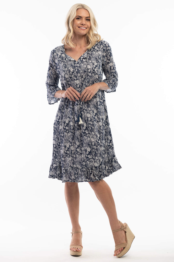 Orientique 4103 Cappadocia Navy Boho 34 Sleeve Dress - Shirley Allum Boutique