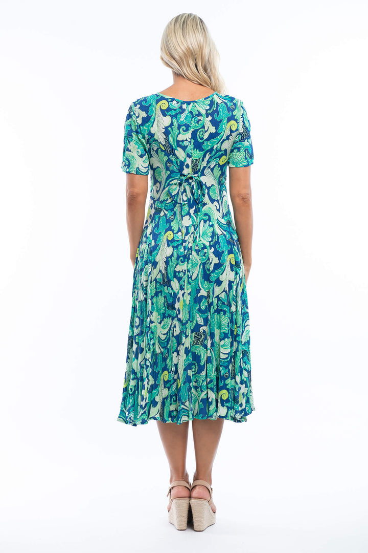 Orientique 41051 Cannes Aqua Print Godet Short Sleeve Dress - Shirley Allum Boutique