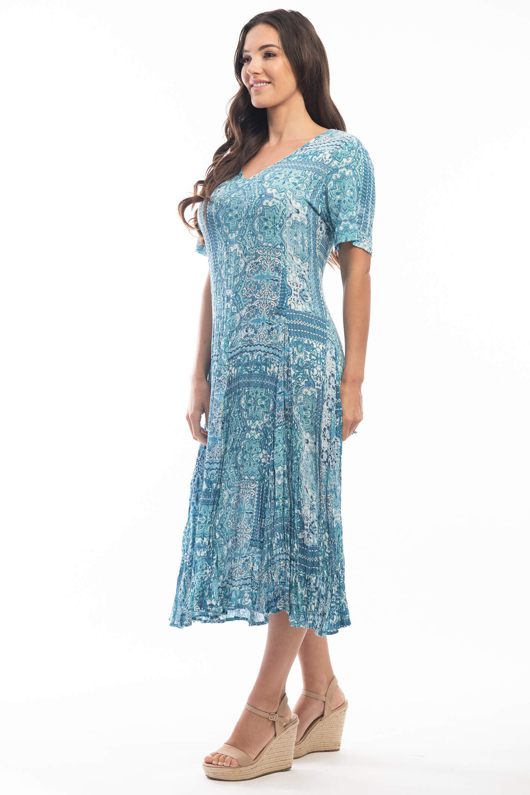 Orientique 4134 Kotor Blue Godet Sleeve Dress - Shirley Allum Boutique