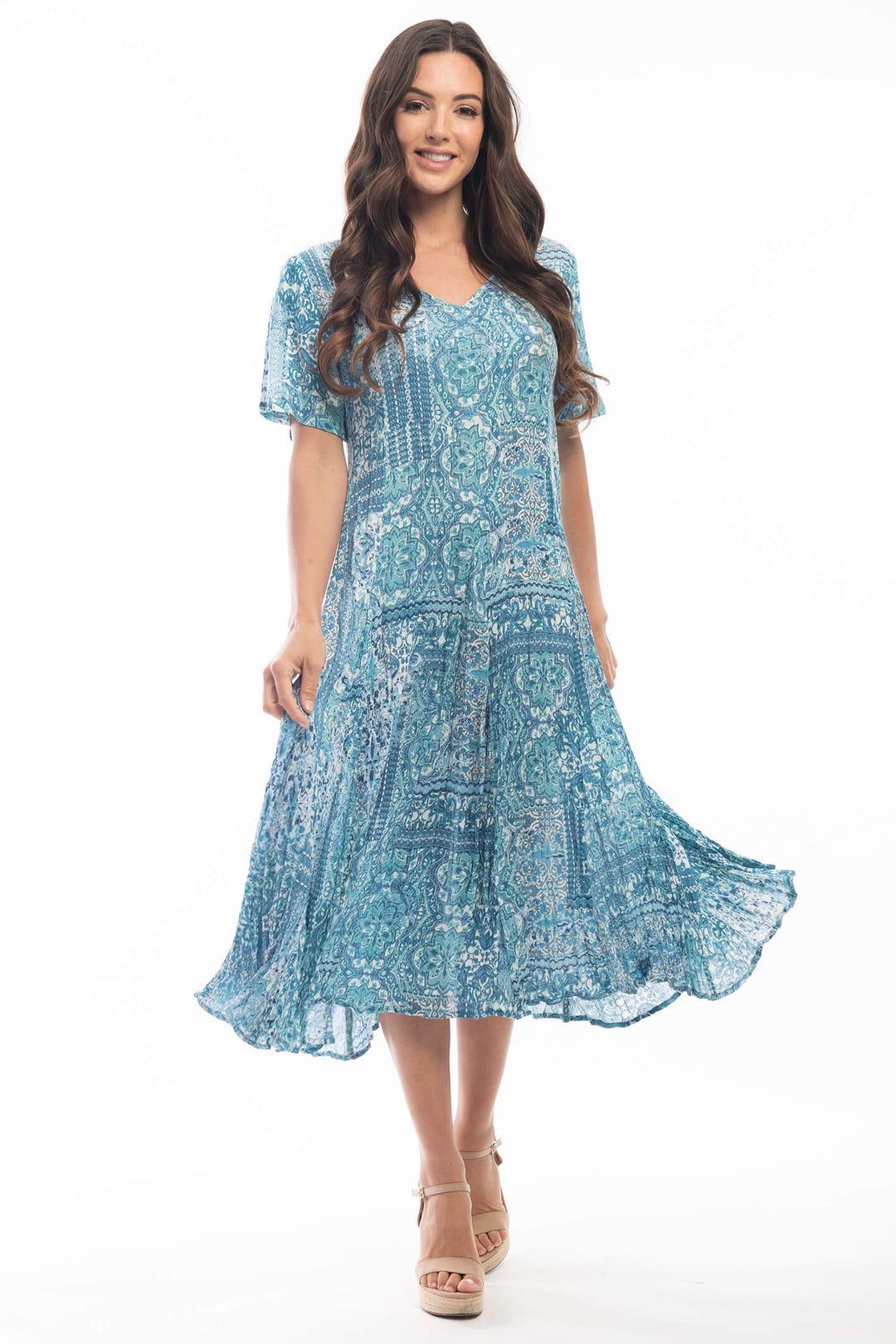 Orientique 4134 Kotor Blue Godet Sleeve Dress - Shirley Allum Boutique