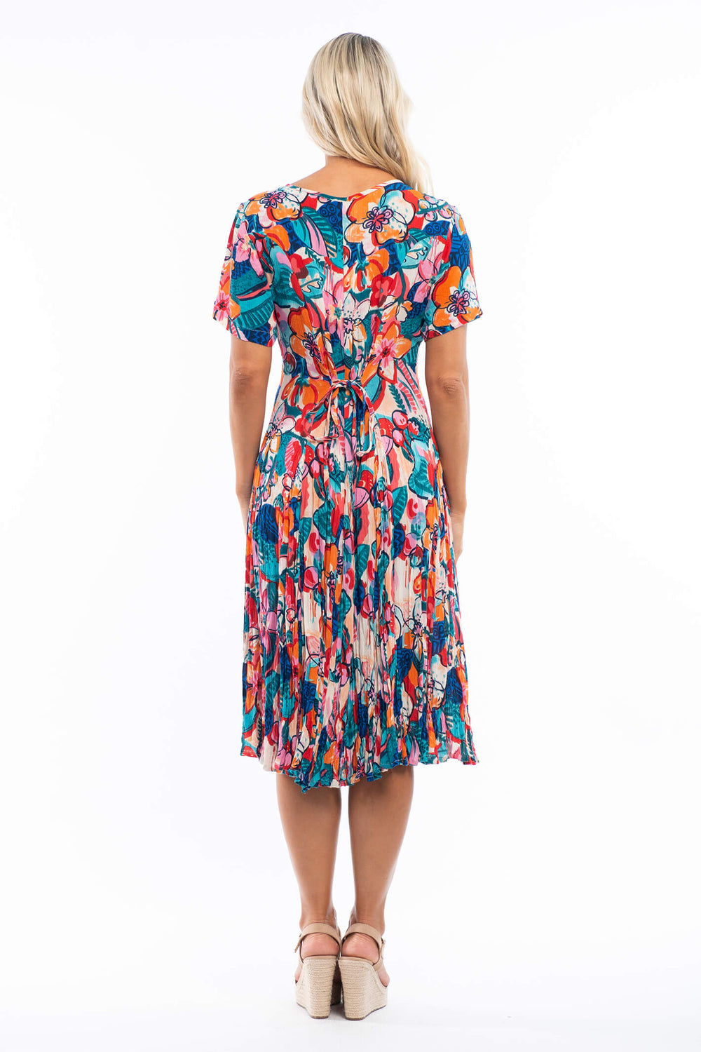 Orientique 61518 Borellie Blue Print Godet Short Sleeve Dress - Shirley Allum Boutique
