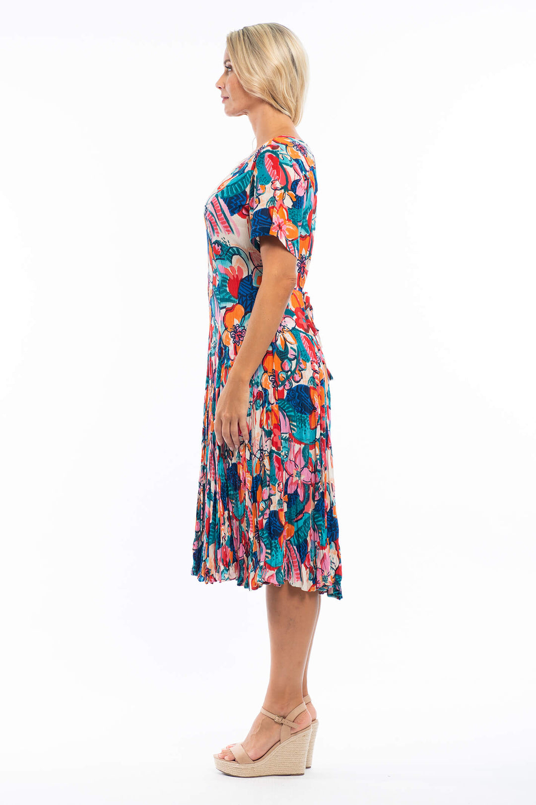 Orientique 61518 Borellie Blue Print Godet Short Sleeve Dress - Shirley Allum Boutique