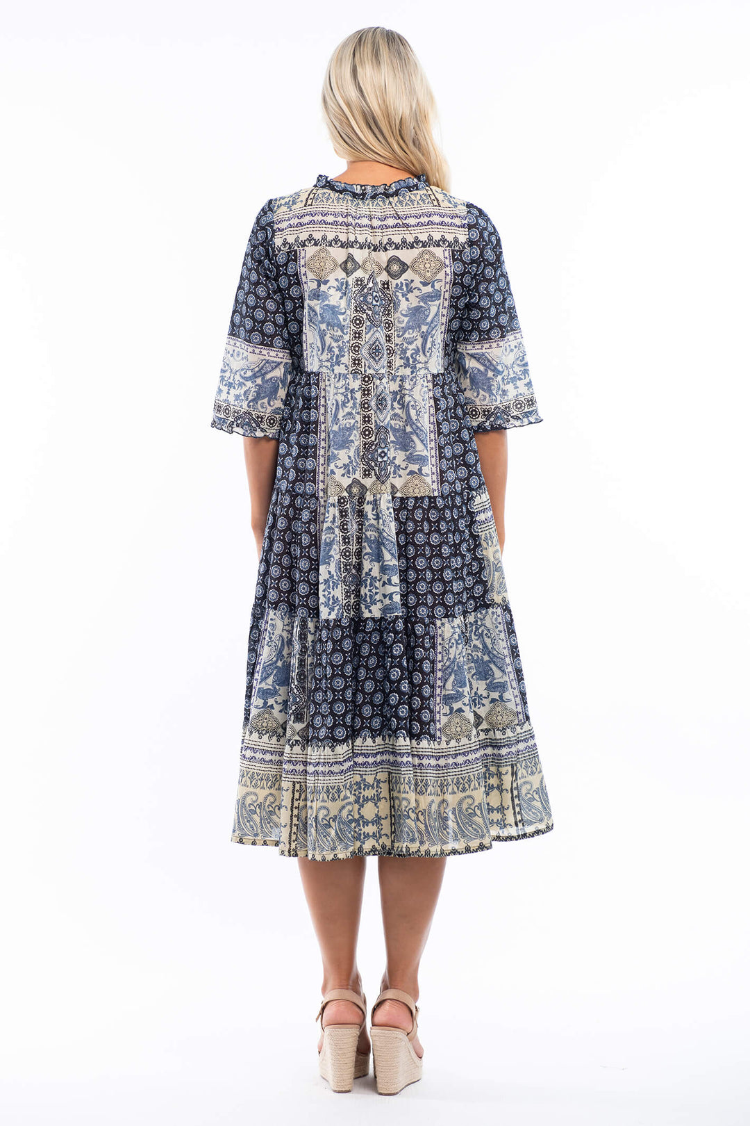 Orientique 71359 Blue Boho Print Three Quarter Sleeve Midi Dress - Shirley Allum Boutique