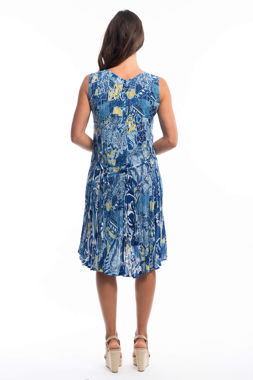 Orientique 81177 Godet Blue Palace Messina Print Sleeveless Dress - Shirley Allum Boutique