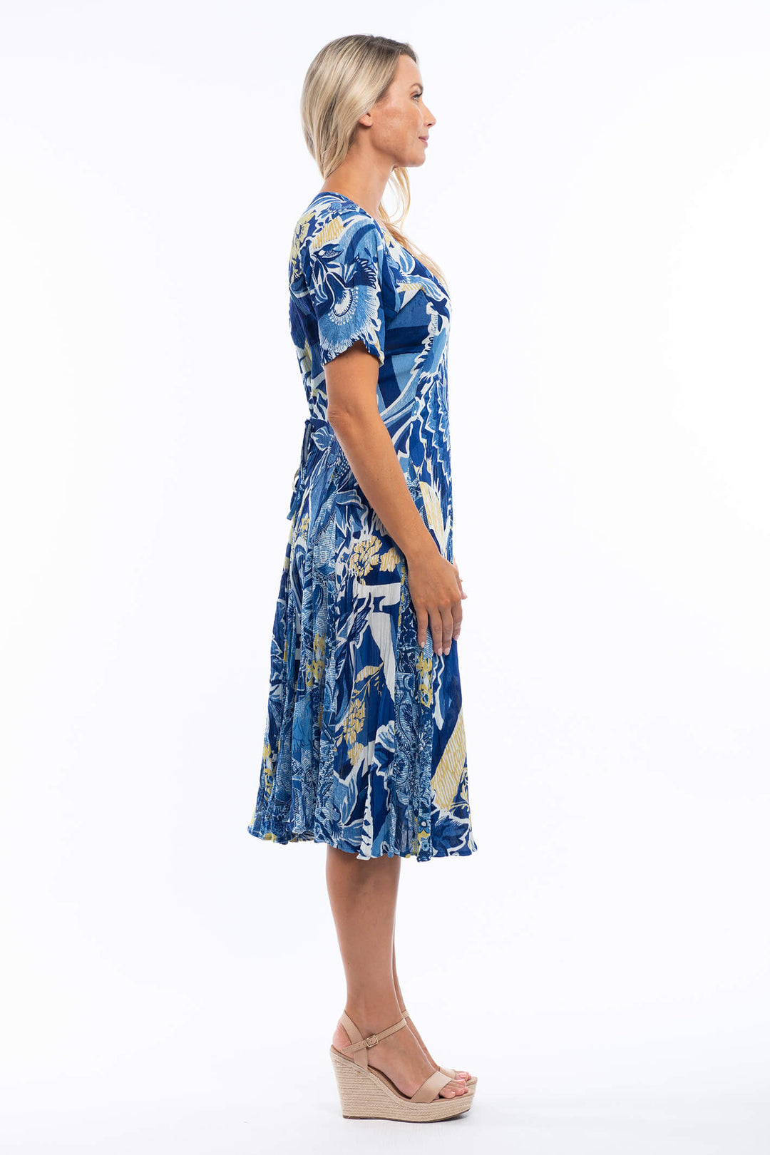 Orientique 81178 Blue Godet Messina Print Short Sleeve Dress - Shirley Allum Boutique