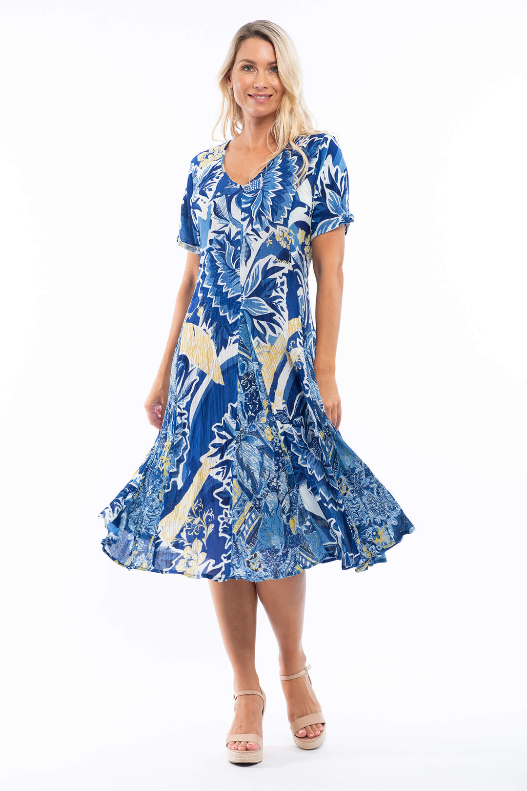Orientique 81178 Blue Godet Messina Print Short Sleeve Dress - Shirley Allum Boutique