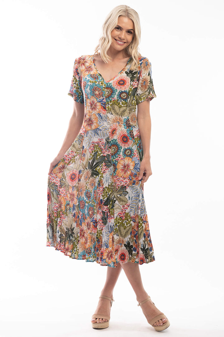Orientique 8120 Bibury Coral Print Godet Sleeve Dress - Shirley Allum Boutique