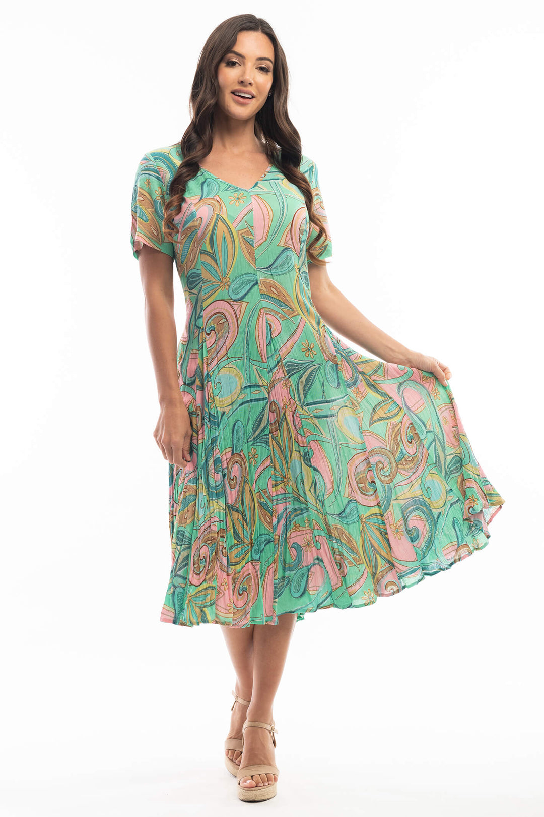 Orientique 8146 Mennagio Green Print Dress - Shirley Allum Boutique