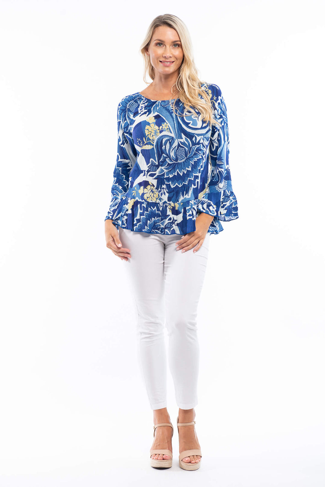 Orientique 82134 Blue Palace Messina Frill Sleeve Top - Shirley Allum Boutique