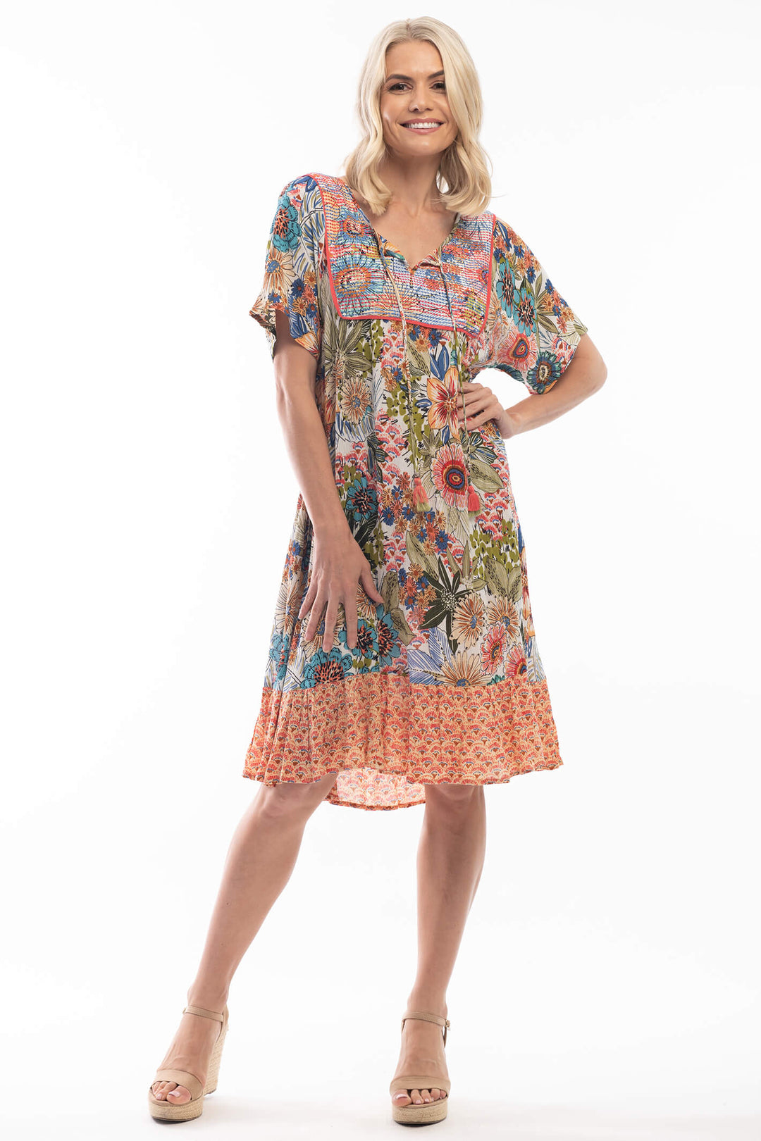 Orientique Bibury 8122 Coral Bib Print Dress - Shirley Allum Boutique