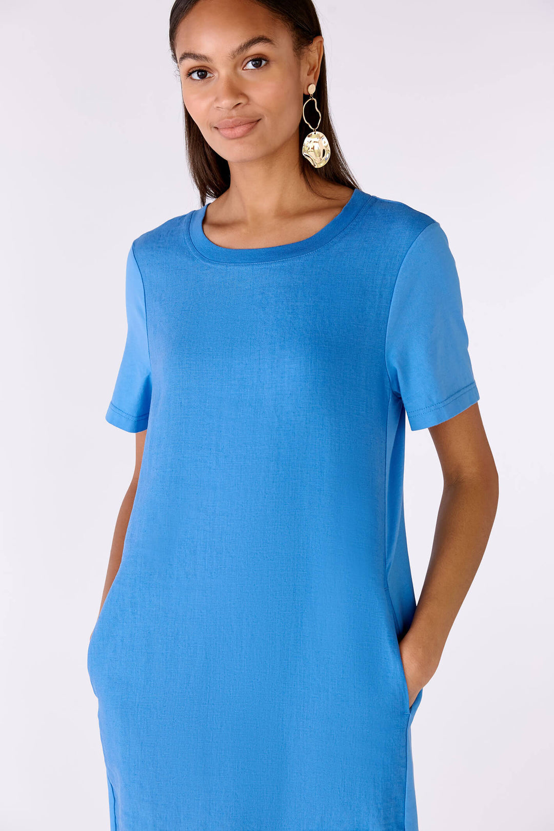 Oui 78504 Blue Linen & Cotton Short Sleeve Dress - Shirley Allum Boutique