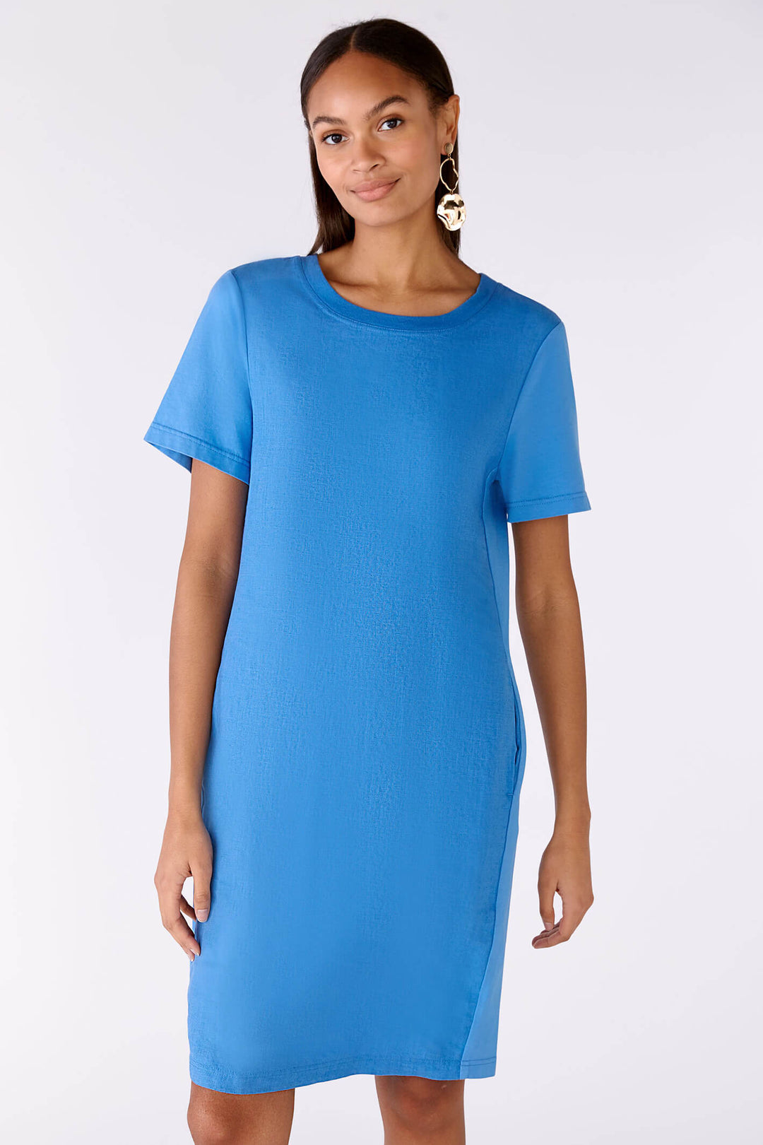 Oui 78504 Blue Linen & Cotton Short Sleeve Dress - Shirley Allum Boutique