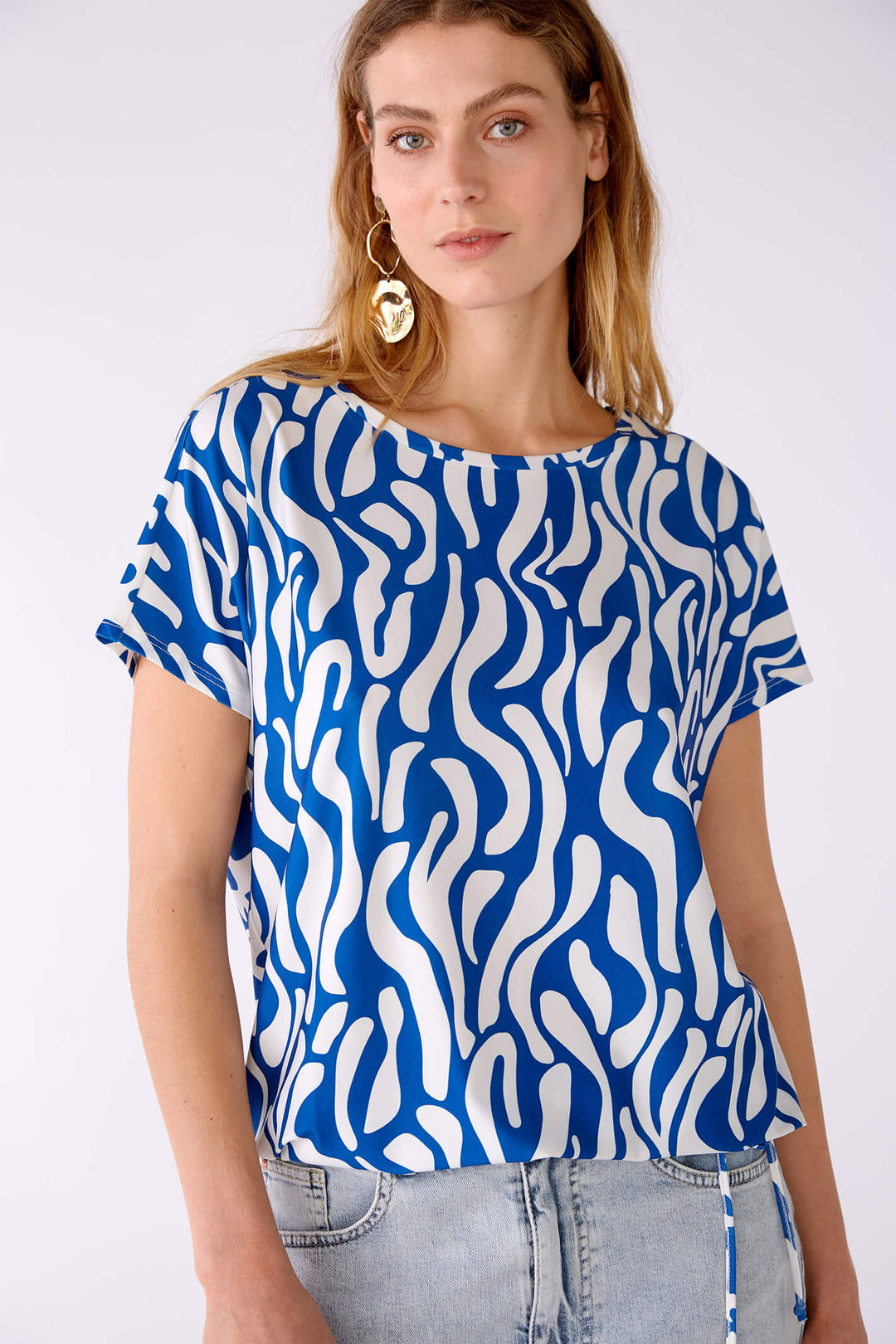 Oui 78561 Blue & White Print Wide Neck Top - Shirley Allum Boutique