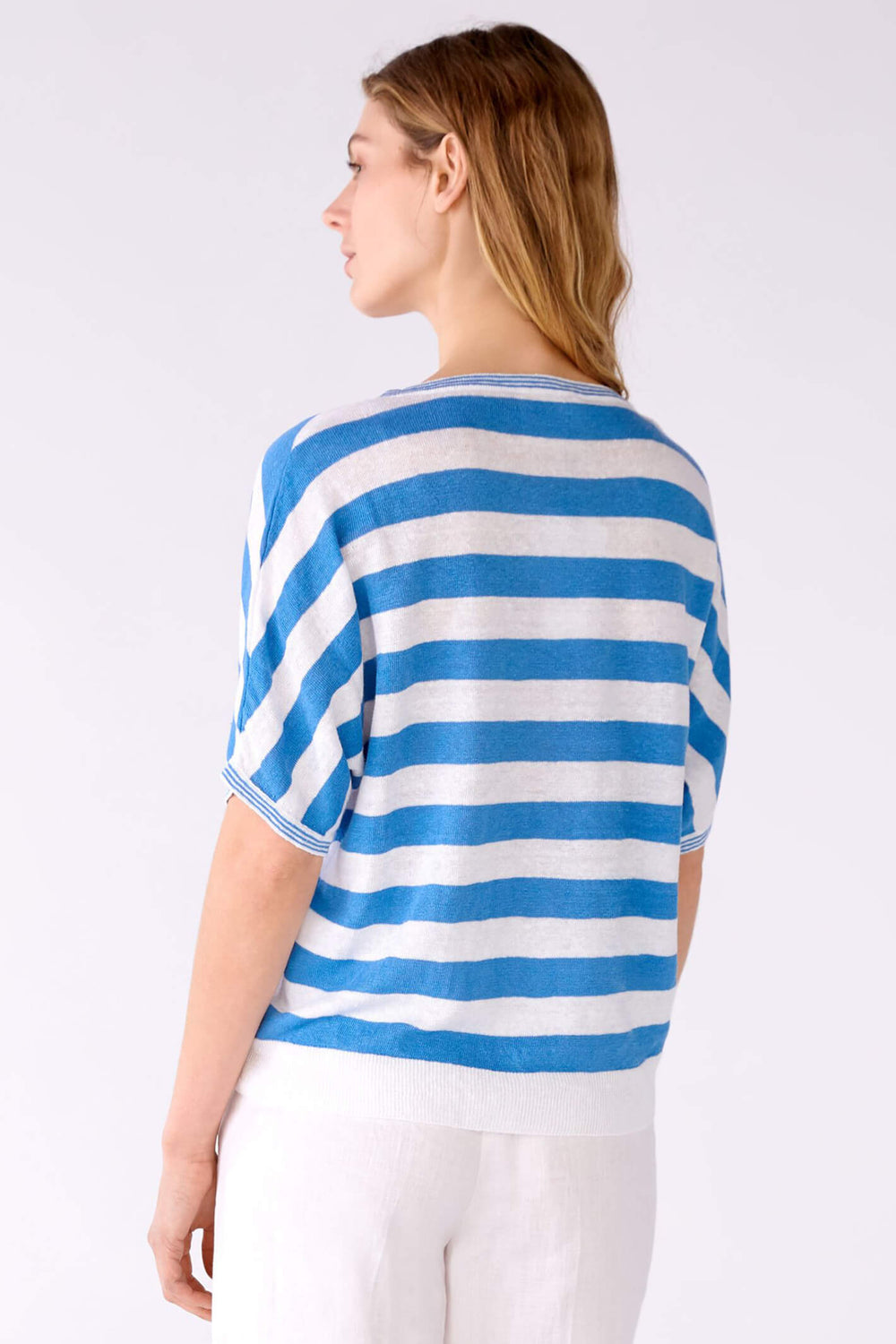 Oui 78611 White Blue Stripe Wide Neck Linen Jumper - Shirley Allum Boutique