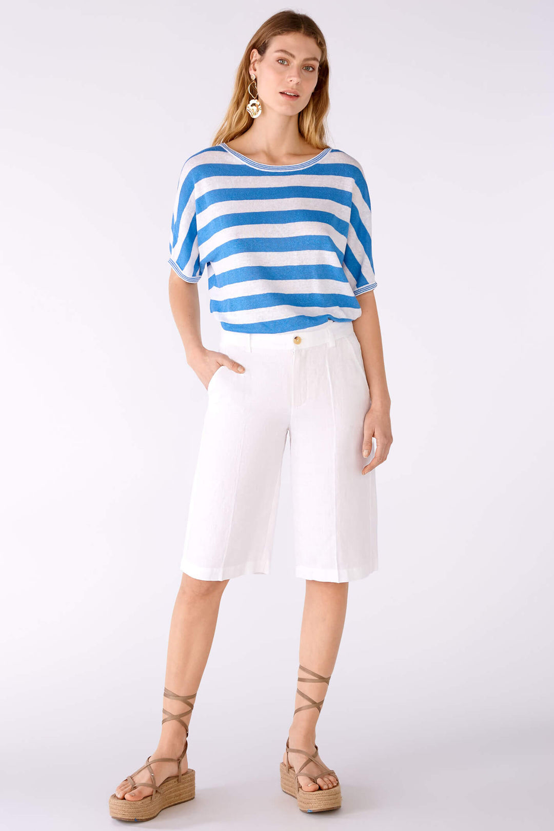 Oui 78611 White Blue Stripe Wide Neck Linen Jumper - Shirley Allum Boutique