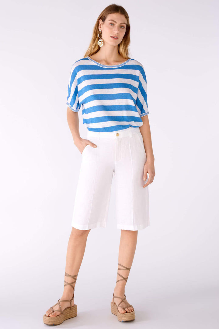 Oui 78611 White Blue Stripe Wide Neck Linen Jumper - Shirley Allum Boutique
