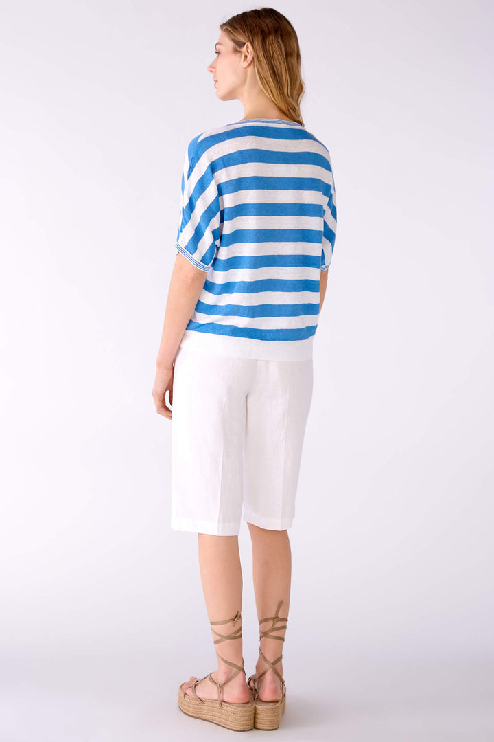 Oui 78611 White Blue Stripe Wide Neck Linen Jumper - Shirley Allum Boutique