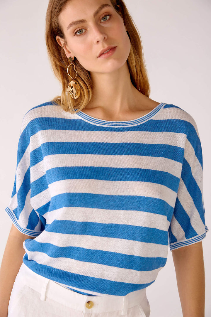 Oui 78611 White Blue Stripe Wide Neck Linen Jumper - Shirley Allum Boutique