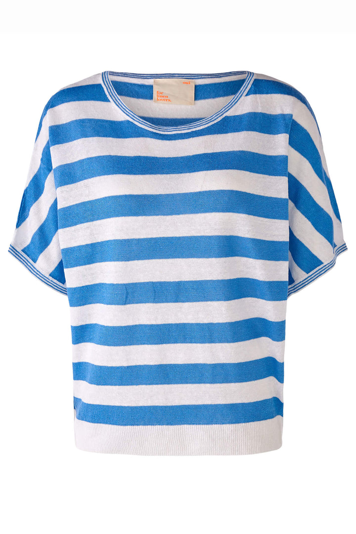 Oui 78611 White Blue Stripe Wide Neck Linen Jumper - Shirley Allum Boutique