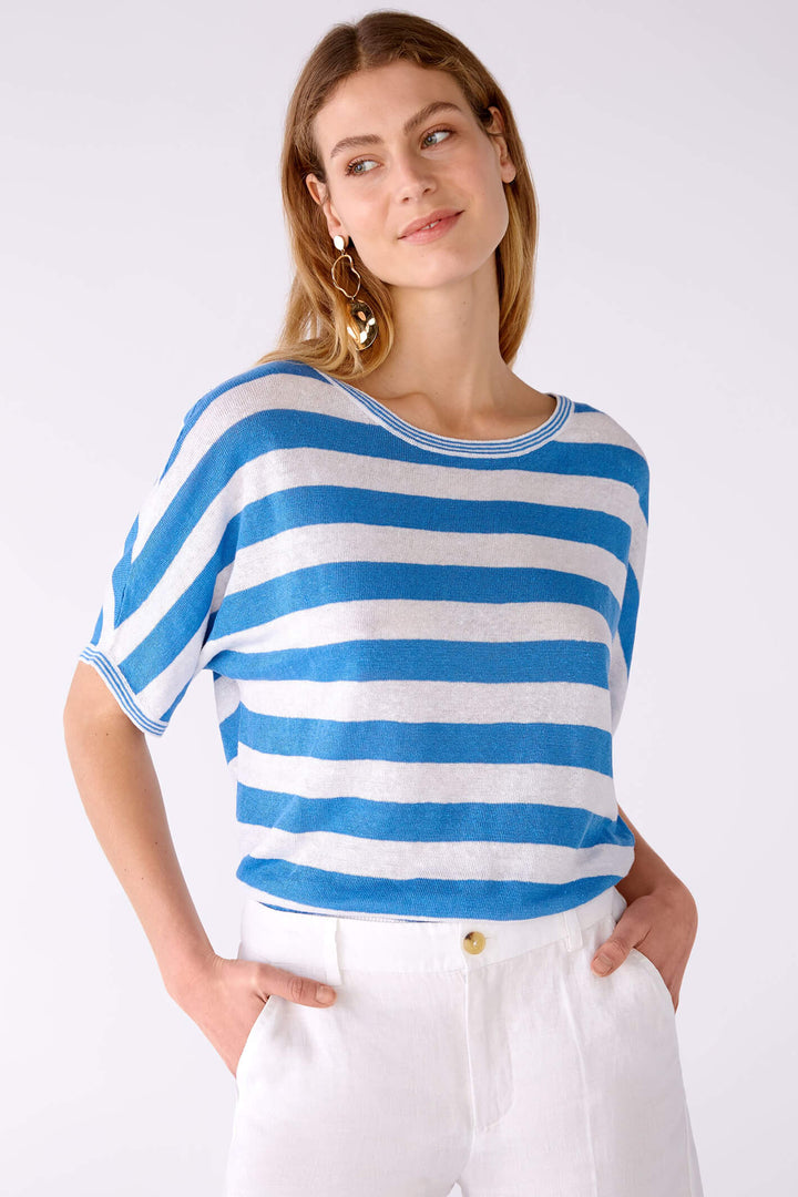 Oui 78611 White Blue Stripe Wide Neck Linen Jumper - Shirley Allum Boutique