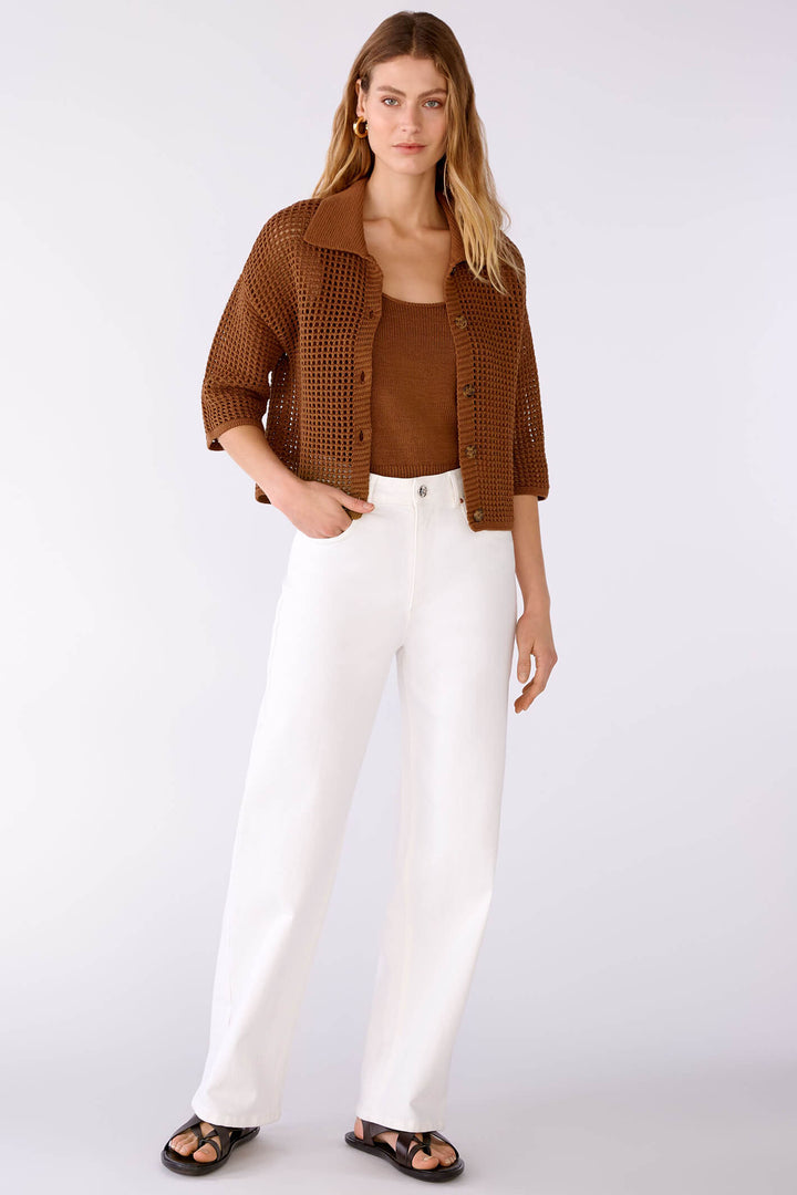Oui 78626 Toffee Brown Crochet Mesh Cardigan - Shirley Allum Boutique