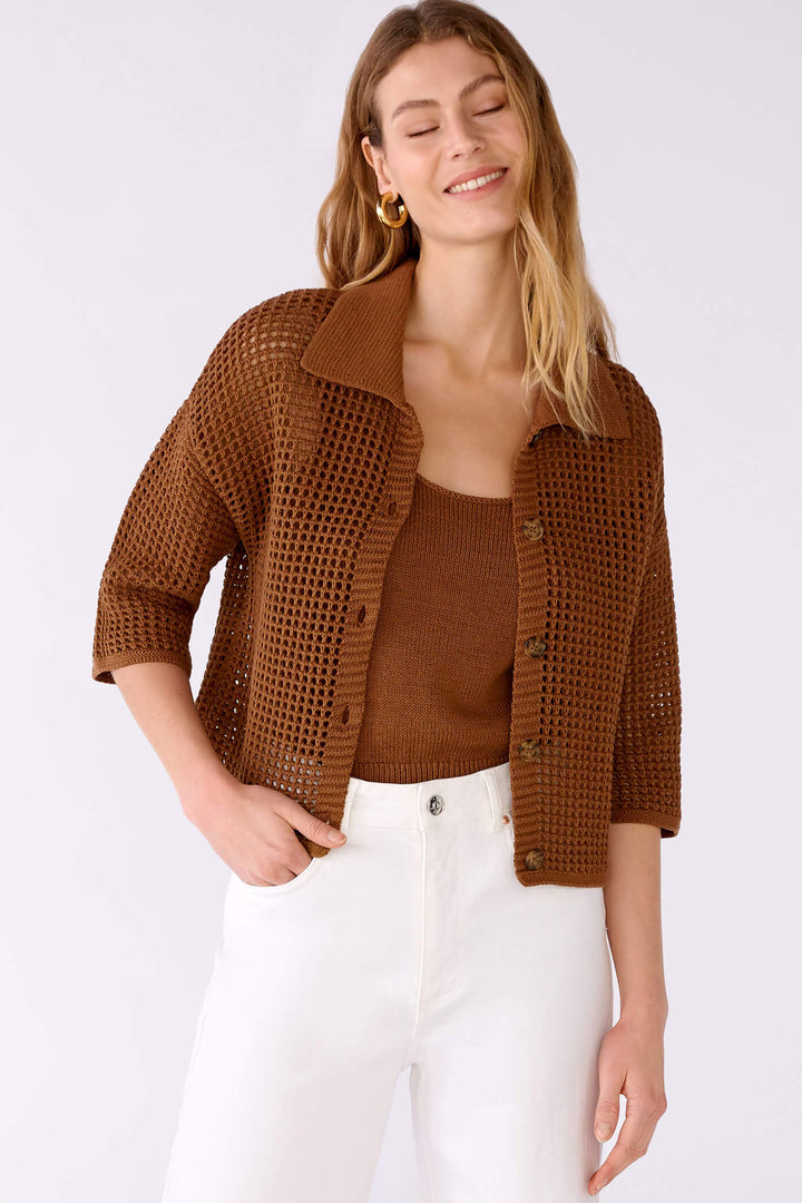 Oui 78626 Toffee Brown Crochet Mesh Cardigan - Shirley Allum Boutique