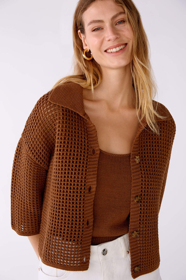 Oui 78626 Toffee Brown Crochet Mesh Cardigan - Shirley Allum Boutique